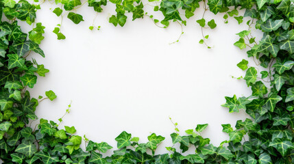 Fresh green ivy leaves creating a natural frame with white space.