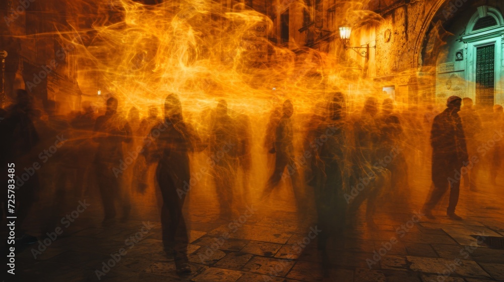 Wall mural A group of people walking down a street with fire in the background, AI