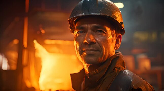 a man wearing a hard hat standing in front of a fire