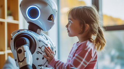 A Child smiling and looking into the robot's eyes with trust from an AI-powered robotic, harmonious connection between humans and AI-powered friends, future innovation artificial intelligence.