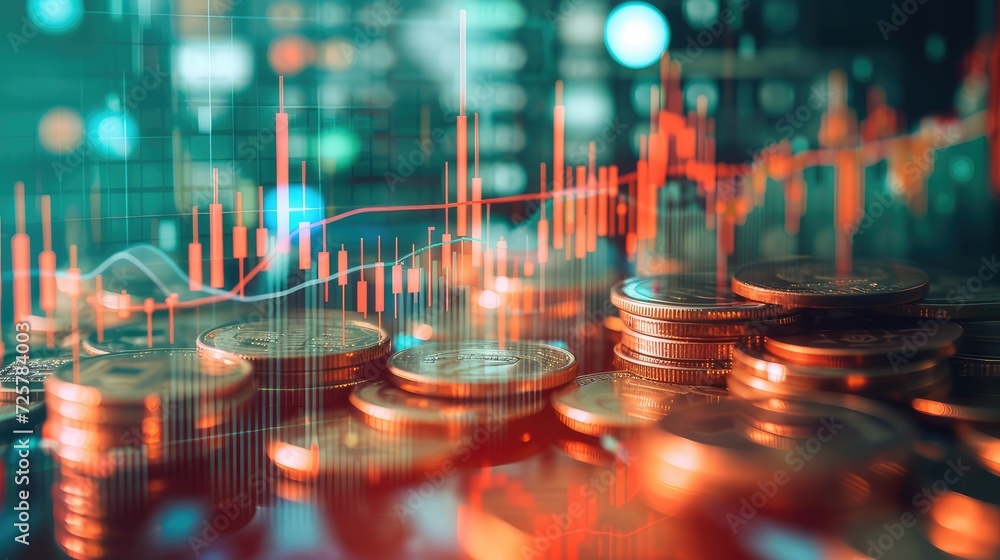 Poster a graph representing financial trends and lines of coins, visually illustrating the intersection of 