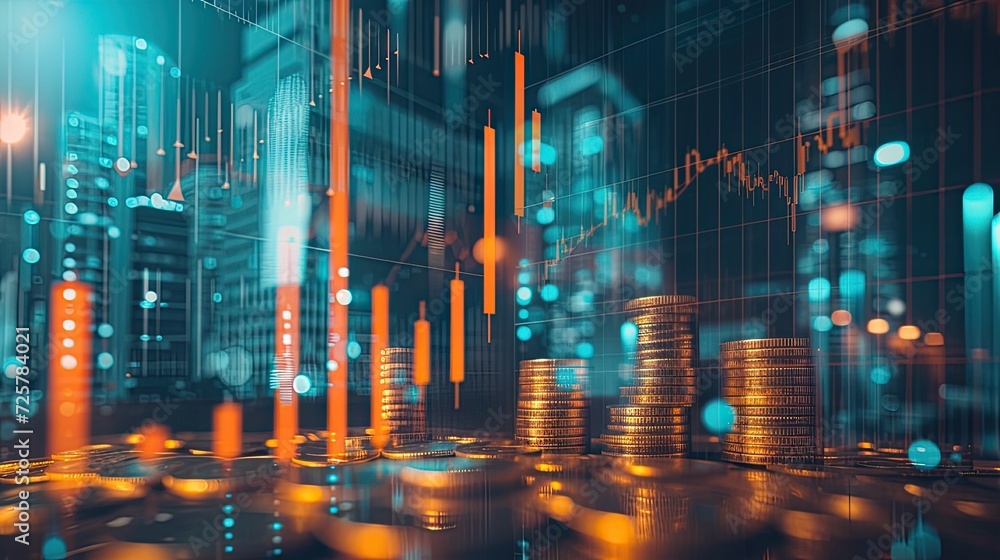 Poster a graph representing financial trends and lines of coins, visually illustrating the intersection of 