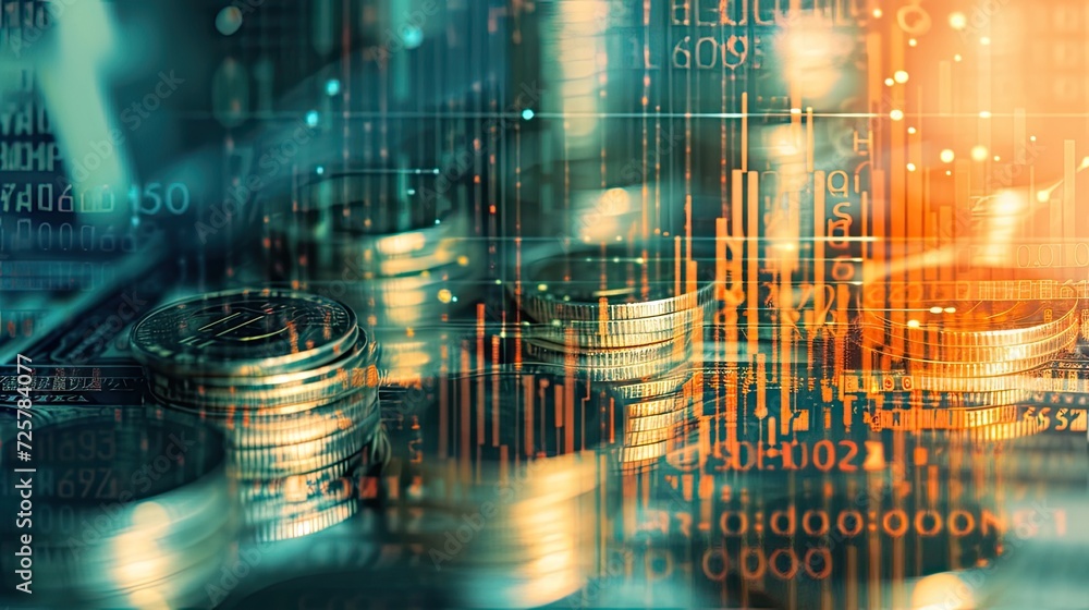 Poster a graph representing financial trends and lines of coins, visually illustrating the intersection of 