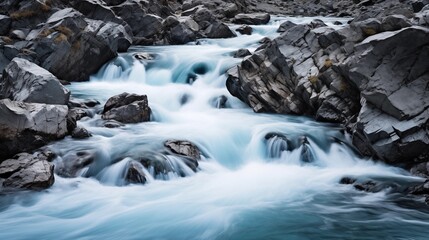 Images capturing the dynamic flow of water in a mountain river, emphasizing the beauty of natural motion