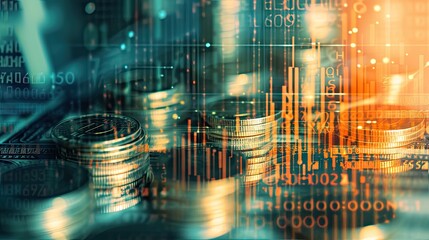 a graph representing financial trends and lines of coins, visually illustrating the intersection of data analysis and monetary transactions in the realm of finance and business.