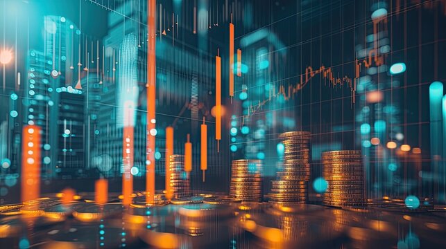 a graph representing financial trends and lines of coins, visually illustrating the intersection of data analysis and monetary transactions in the realm of finance and business.