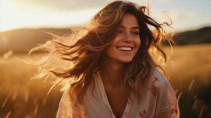 woman smiles with long hair in a field, in the style of golden light, photorealistic scenes