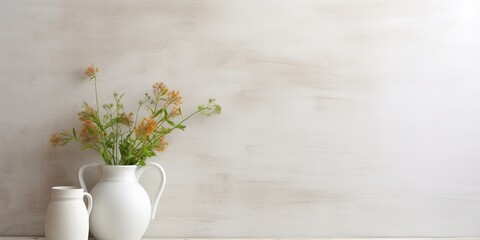 White vintage wall background enhances soft home decor featuring a white jug and vase.