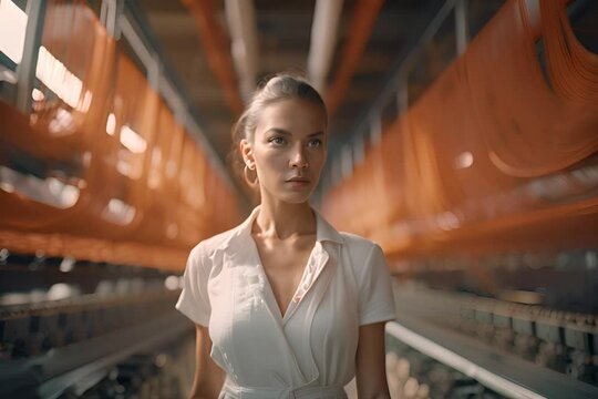 woman's collarbone and stare capture realistic factory setting