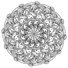 Easter mandala with a chicken under a flower, fantasy outline coloring page for kids and adult activity