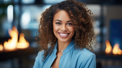 Fototapeta premium young smart african american business woman in an office, in the style of light blue and indigo