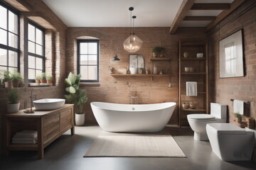 Fototapeta na wymiar Loft interior design of modern bathroom with rustic furniture