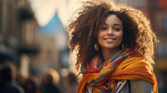 young woman smiling in front of an apartment building, in the style of afrofuturism, bokeh