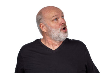 Fototapeta premium Middle-Aged Bearded Man in Black T-Shirt Expressing Surprise Looking Up on White Background - Casual Lifestyle Portrait