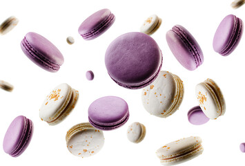 Blueberry colored macaroons and macaroons   sprinkled with caramel  fly and levitate in space. Isolated on white.