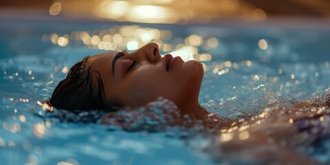 A woman peacefully floats in a pool, her eyes closed. This image can be used to depict relaxation and tranquility
