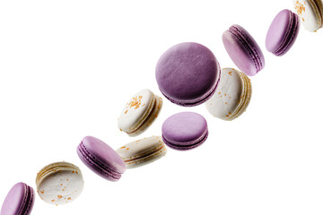 Blueberry colored macaroons and macaroons   sprinkled with caramel  fly in space forming a chain...