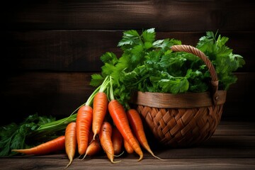 Photo of a basket filled with fresh carrots - obrazy, fototapety, plakaty