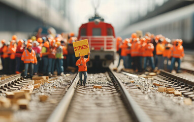 Eisenbahner (Miniature people) stehen vor Bahn mit Streikschild: Bahnstreik, Lokführerstreik, Protest und Zugausfälle - obrazy, fototapety, plakaty