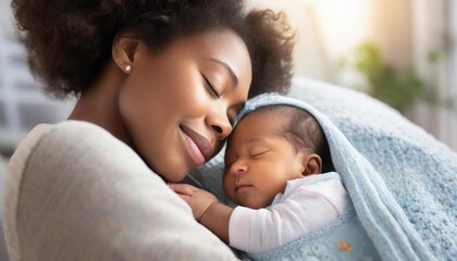 African American mother and her newborn baby, sharing a peaceful sleep - obrazy, fototapety, plakaty