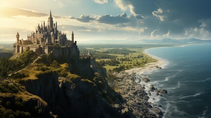 Panoramic scenes from cliffside castles, providing breathtaking views of expansive landscapes and...