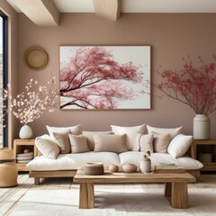 beige sofa in modern living room, in the style of loose handling of paint, primitivist style