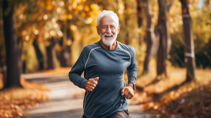 Naklejka na ściany i meble Senior man going for a run and living a healthy lifestyle for longevity