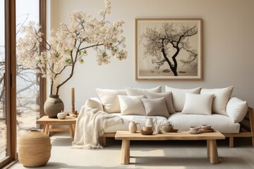Fototapeta na wymiar beige sofa in modern living room, in the style of loose handling of paint, primitivist style