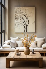 beige sofa in modern living room, in the style of loose handling of paint, primitivist style