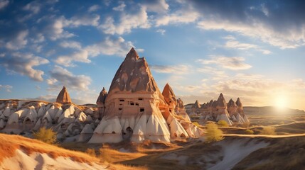 Naklejka premium Panoramic scenes of sunlit rock formations in the Cappadocia sky, featuring unique geological structures illuminated by the warmth of daylight