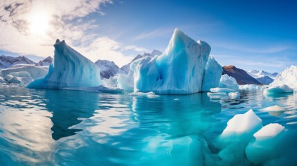  Panoramic scenes of sunlit glacial icebergs, showcasing the stunning beauty of these icy formations under the clear and bright polar daylight
