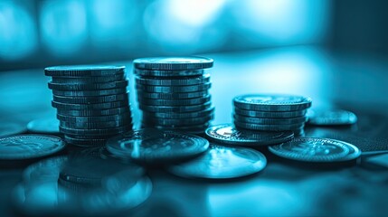 a stack of money coins on an office desk, filtered with a blue hue to convey a sense of professionalism and tranquility, the intersection of business and finance in a corporate setting.