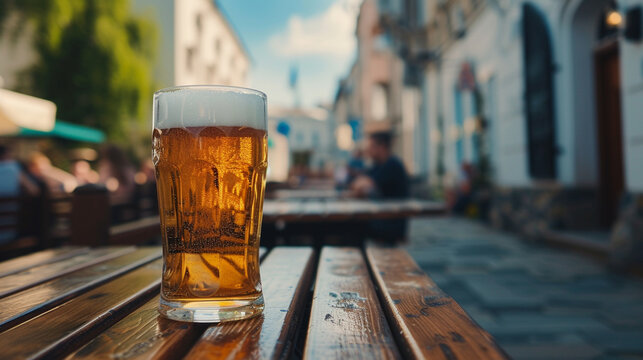 Una cerveza con espuma sobre una mesa de madera en una terraza de una calle 