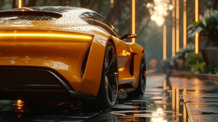 A futuristic yellow sports car in a wet urban.
