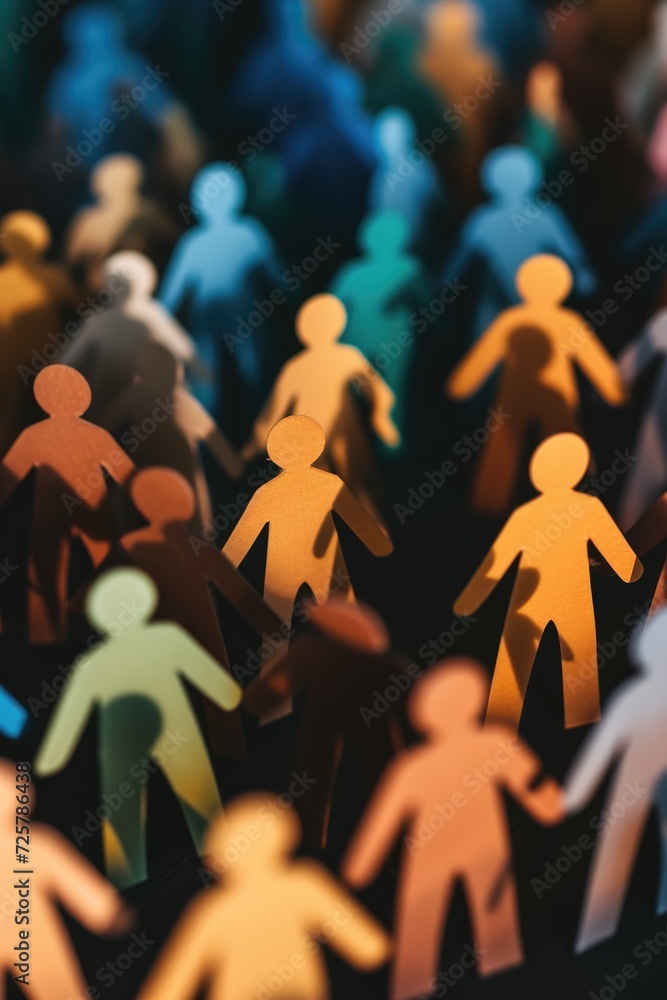 Poster a group of paper people standing in a circle. can be used to illustrate teamwork, collaboration, uni