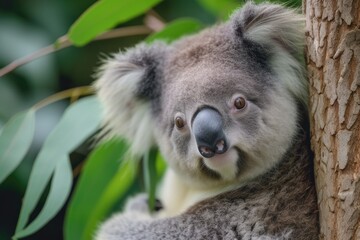 A close-up view of a koala perched on a tree. Perfect for nature enthusiasts or animal lovers.