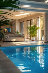 Fototapeta premium A spacious indoor swimming pool with comfortable seating options. Ideal for relaxation or socializing.