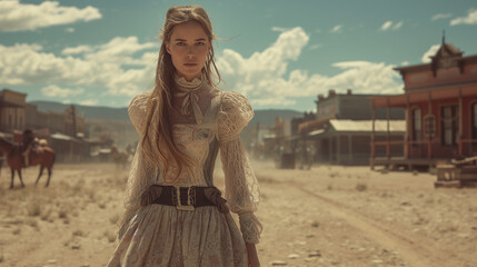 Woman of the Wild West wearing a dress in a western cowboy town Portrait of cowgirl historical desert scene
