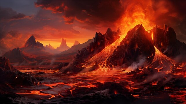 Panoramic vistas of fiery lava flows from a volcano, showcasing the raw power and intensity of Earth's volcanic landscapes