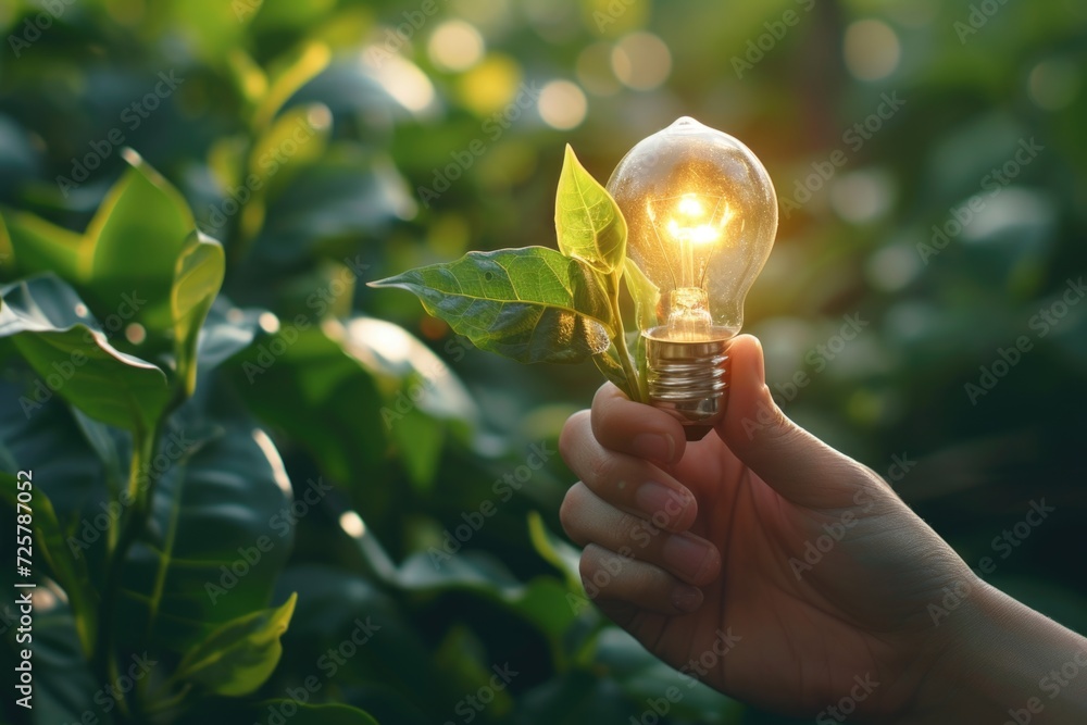 Poster a person holding a light bulb in their hand. this image can be used to represent creativity, innovat