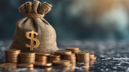a money bag and coins arranged on a gray background, offering a versatile template with ample copy space for conveying financial messages or business concepts.