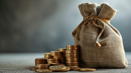 a money bag and coins arranged on a gray background, offering a versatile template with ample copy space for conveying financial messages or business concepts.