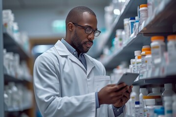pharmacist looking up a prescription on a tablet - background with rows of drugs