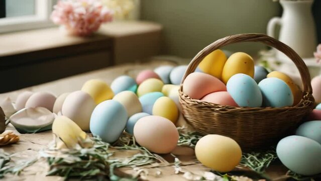 Eeaster eggs colorful pastel colors on table in kitchen Happy Easter day