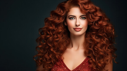 Fototapeta premium Beauty redhead girl with long and shiny wavy red hair. Beautiful woman model with curly hairstyle .