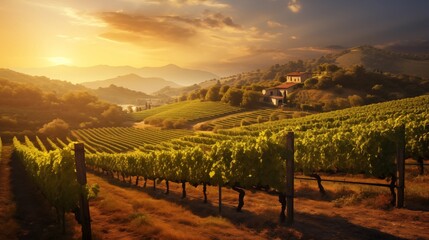 Picturesque scenes of sunlit vineyards spread across rolling hills, with rows of grapevines...
