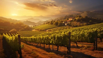 Gordijnen  Picturesque scenes of sunlit vineyards spread across rolling hills, with rows of grapevines creating a captivating pattern in the landscape © Abdul