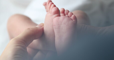 Holding Newborn baby infant feet and foot
