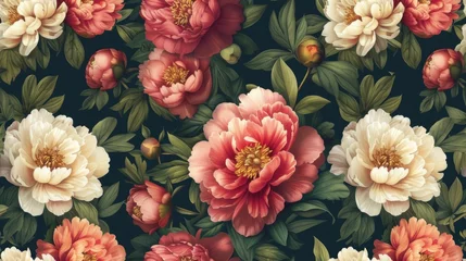 Meubelstickers peony flowers and buds against a dark background, creating a mesmerizing seamless pattern that evokes elegance and sophistication. SEAMLESS PATTERN. SEAMLESS WALLPAPER. © lililia