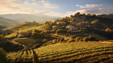  Picturesque scenes of sunlit terraced vineyards along rolling hills, blending agriculture with...